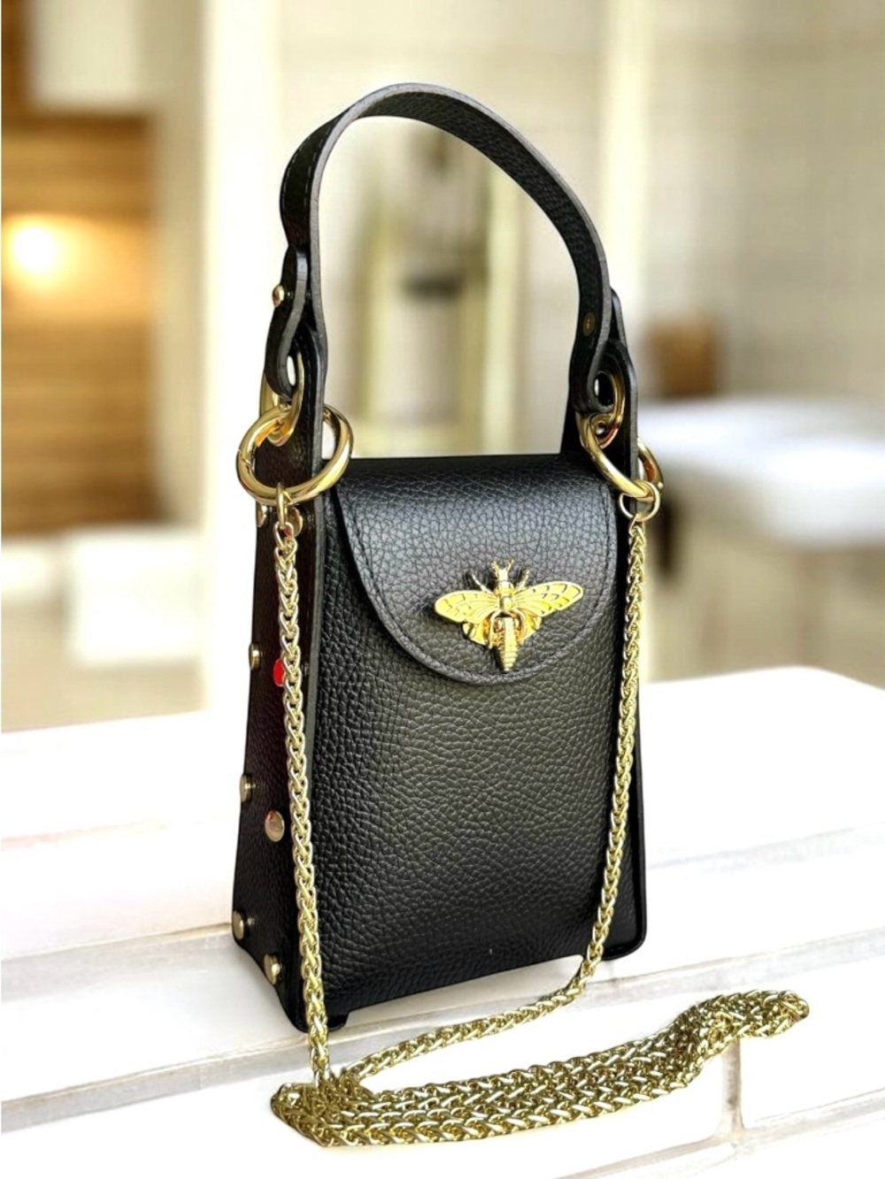 🆕 Borse in Pelle Studded Bee Bag Italian Handbag Crossbody Black Leather